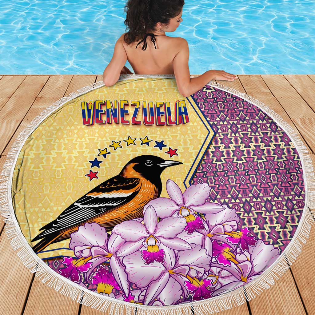 Venezuela Beach Blanket with National Bird Orchid Flower Coat of Arms Spirit