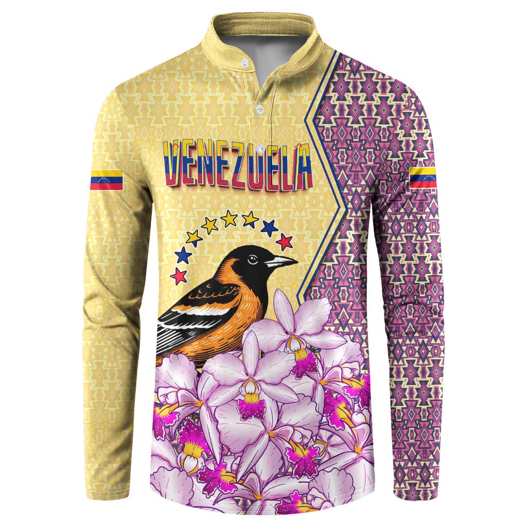 Venezuela Button Sweatshirt with National Bird Orchid Flower Coat of Arms Spirit