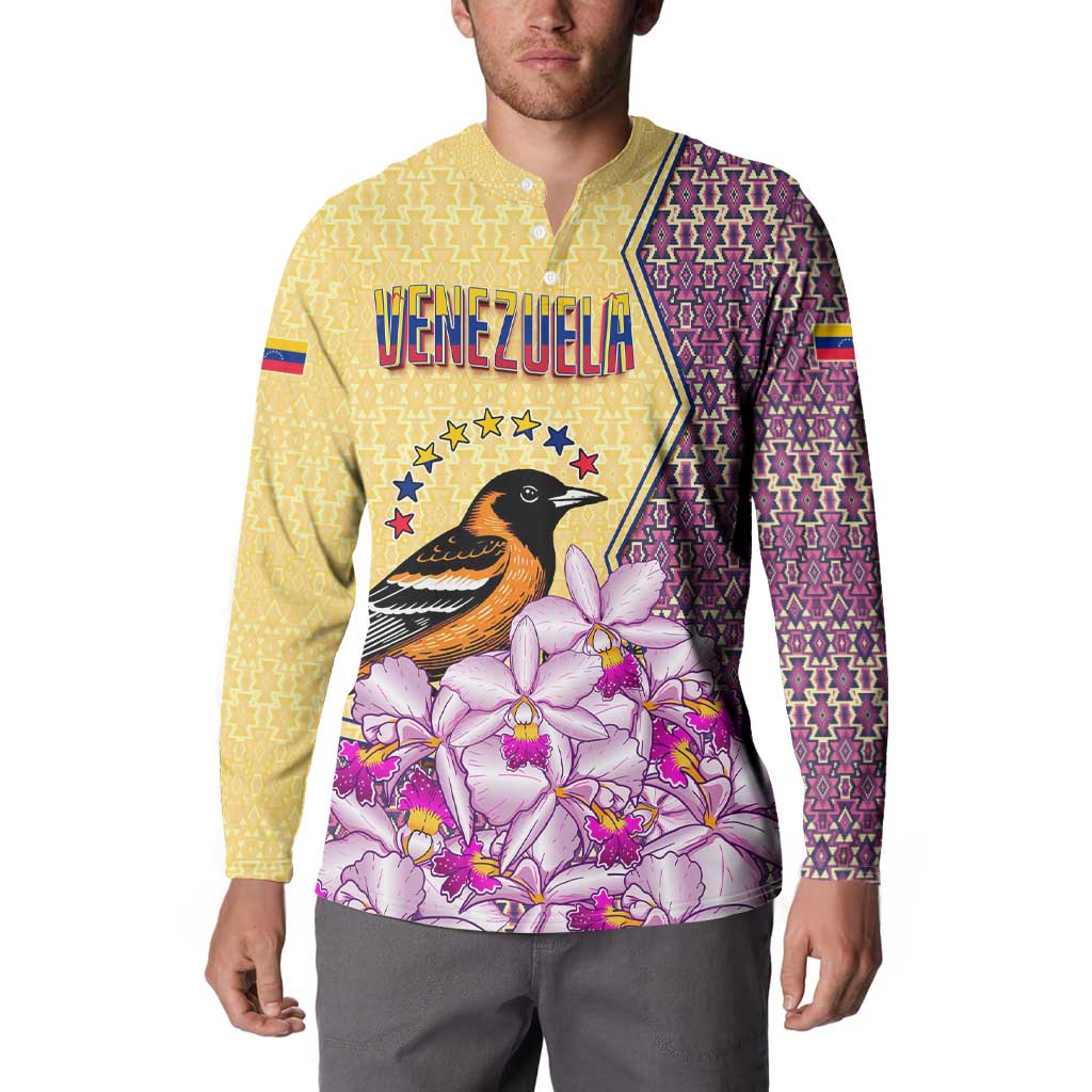 Venezuela Button Sweatshirt with National Bird Orchid Flower Coat of Arms Spirit