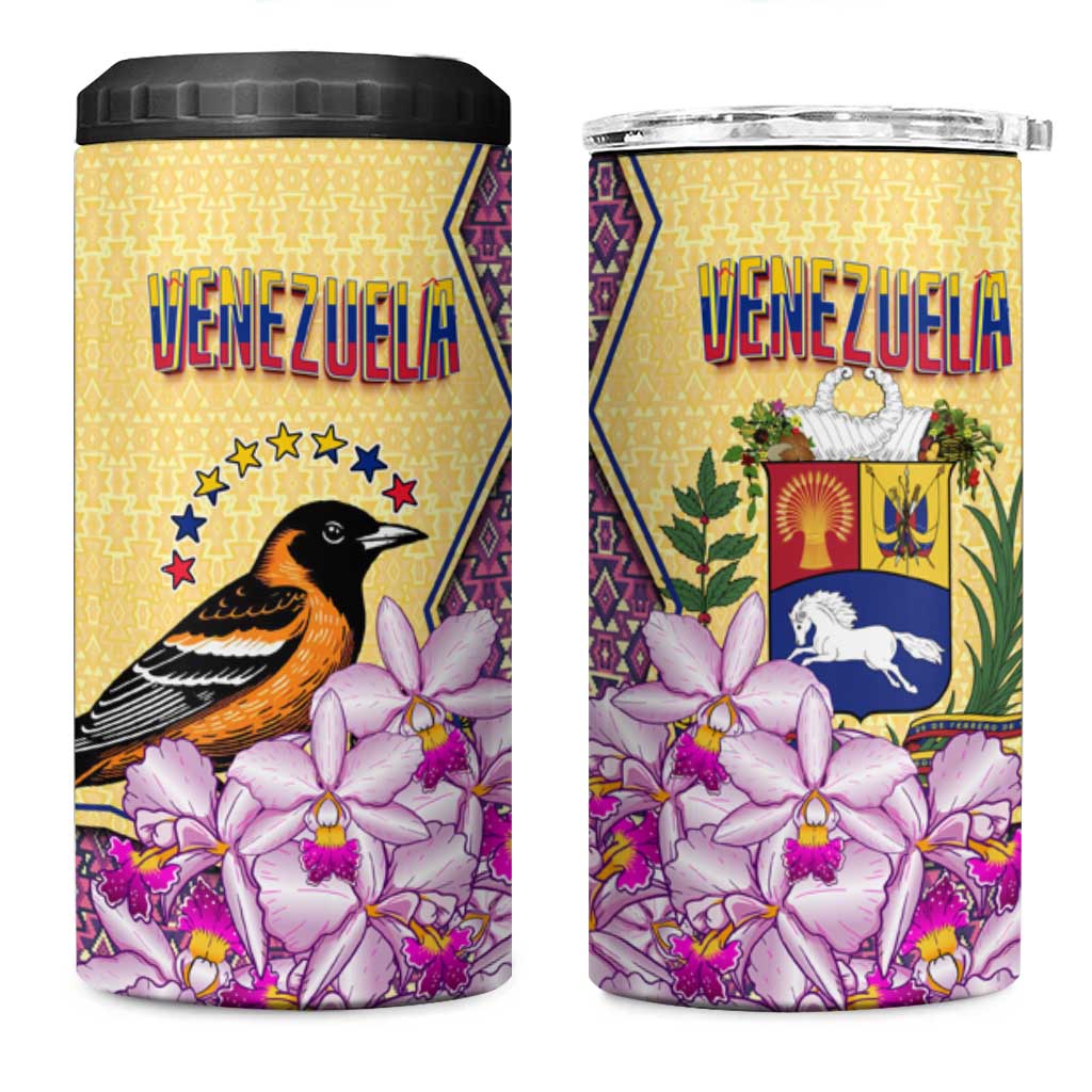 Venezuela 4 in 1 Can Cooler Tumbler with National Bird Orchid Flower Coat of Arms Spirit