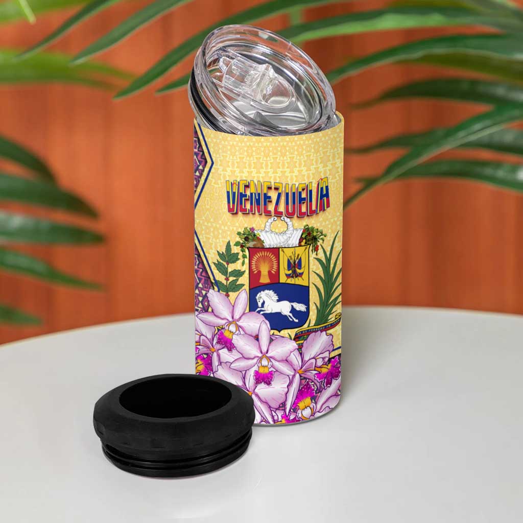 Venezuela 4 in 1 Can Cooler Tumbler with National Bird Orchid Flower Coat of Arms Spirit