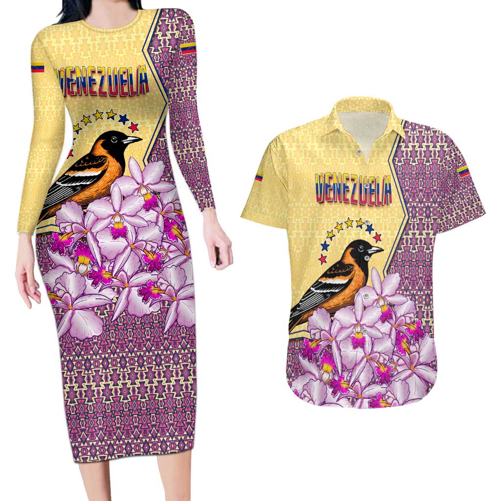 Venezuela Couples Matching Long Sleeve Bodycon Dress and Hawaiian Shirt with National Bird Orchid Flower Coat of Arms Spirit