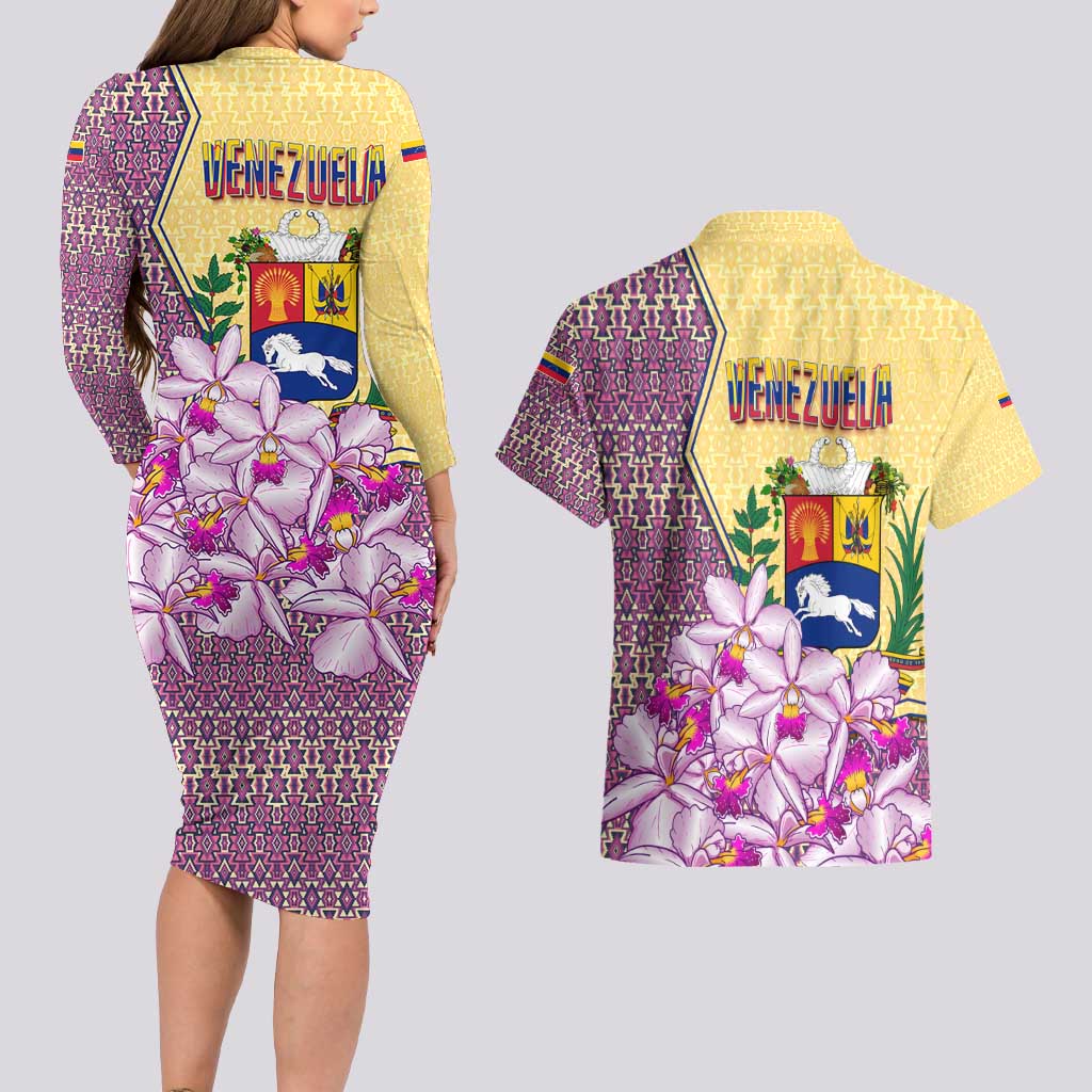 Venezuela Couples Matching Long Sleeve Bodycon Dress and Hawaiian Shirt with National Bird Orchid Flower Coat of Arms Spirit