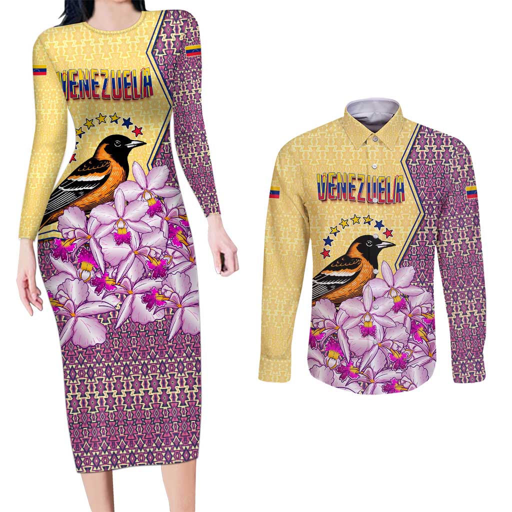 Venezuela Couples Matching Long Sleeve Bodycon Dress and Long Sleeve Button Shirt with National Bird Orchid Flower Coat of Arms Spirit