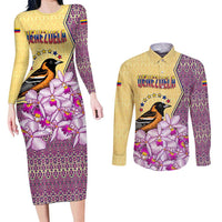 Venezuela Couples Matching Long Sleeve Bodycon Dress and Long Sleeve Button Shirt with National Bird Orchid Flower Coat of Arms Spirit
