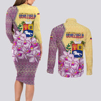 Venezuela Couples Matching Long Sleeve Bodycon Dress and Long Sleeve Button Shirt with National Bird Orchid Flower Coat of Arms Spirit