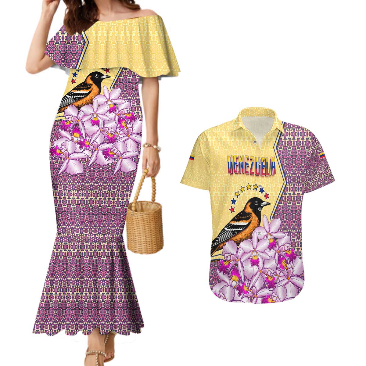 Venezuela Couples Matching Mermaid Dress and Hawaiian Shirt with National Bird Orchid Flower Coat of Arms Spirit