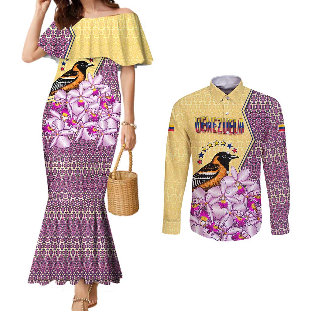 Venezuela Couples Matching Mermaid Dress and Long Sleeve Button Shirt with National Bird Orchid Flower Coat of Arms Spirit