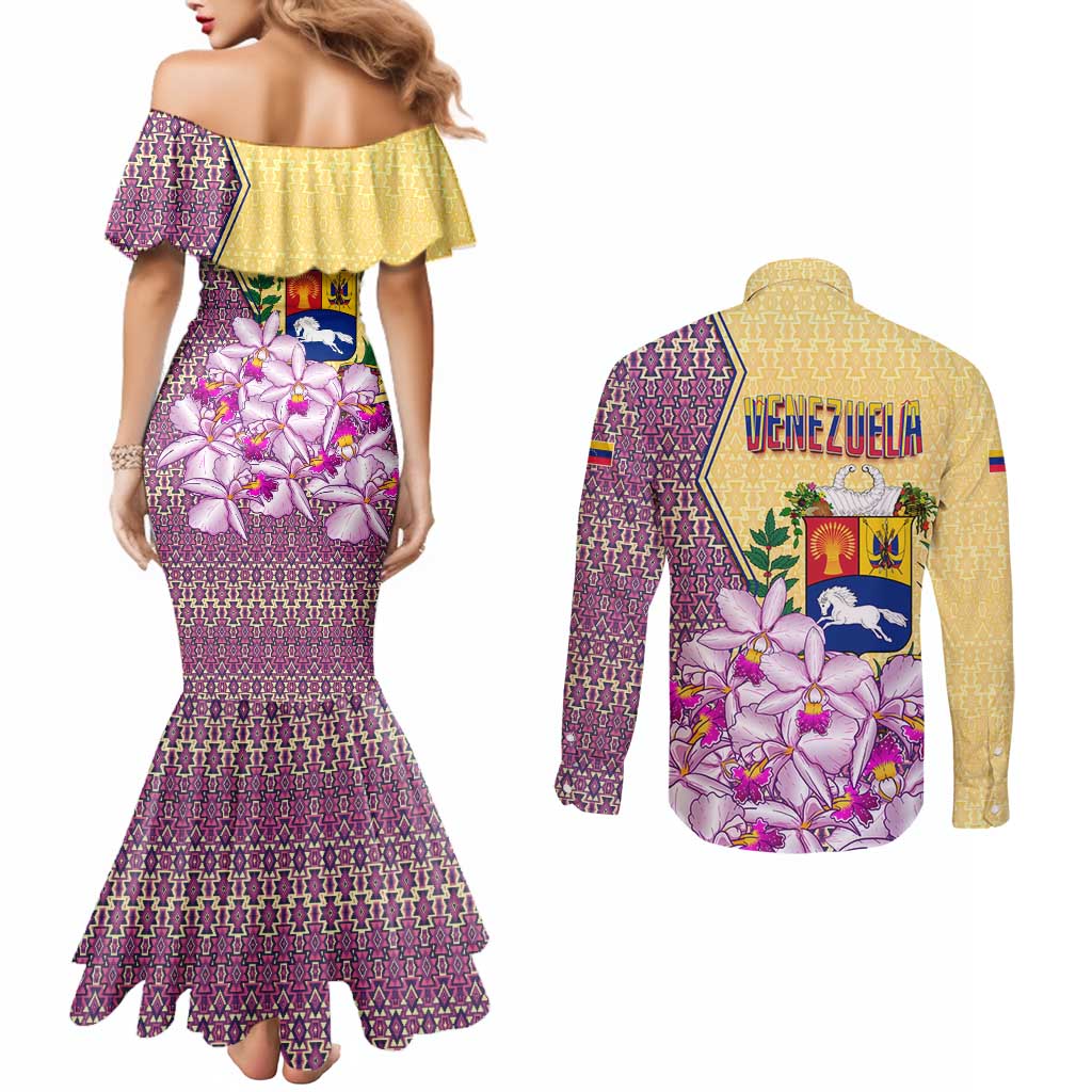 Venezuela Couples Matching Mermaid Dress and Long Sleeve Button Shirt with National Bird Orchid Flower Coat of Arms Spirit