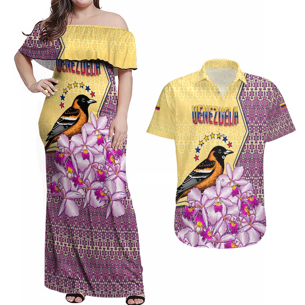 Venezuela Couples Matching Off Shoulder Maxi Dress and Hawaiian Shirt with National Bird Orchid Flower Coat of Arms Spirit