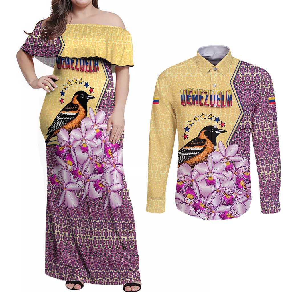Venezuela Couples Matching Off Shoulder Maxi Dress and Long Sleeve Button Shirt with National Bird Orchid Flower Coat of Arms Spirit
