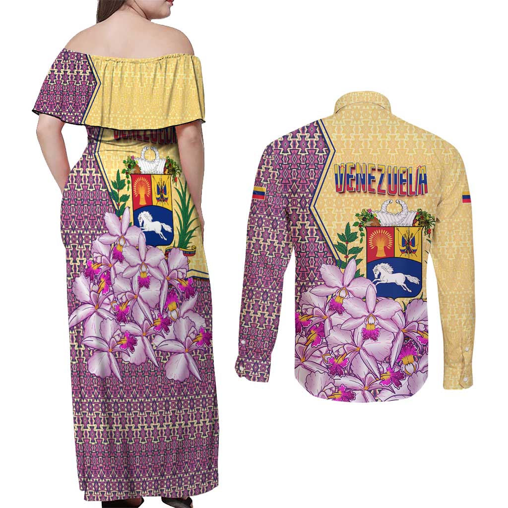 Venezuela Couples Matching Off Shoulder Maxi Dress and Long Sleeve Button Shirt with National Bird Orchid Flower Coat of Arms Spirit