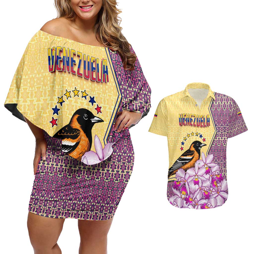 Venezuela Couples Matching Off Shoulder Short Dress and Hawaiian Shirt with National Bird Orchid Flower Coat of Arms Spirit