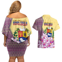 Venezuela Couples Matching Off Shoulder Short Dress and Hawaiian Shirt with National Bird Orchid Flower Coat of Arms Spirit