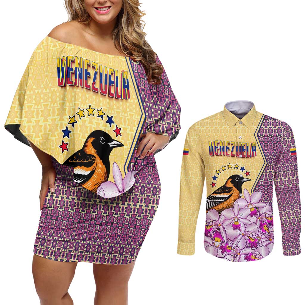 Venezuela Couples Matching Off Shoulder Short Dress and Long Sleeve Button Shirt with National Bird Orchid Flower Coat of Arms Spirit