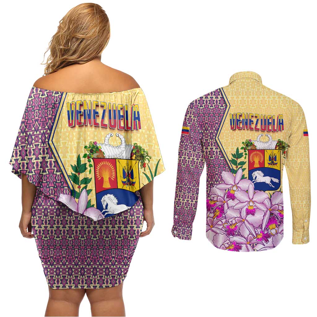 Venezuela Couples Matching Off Shoulder Short Dress and Long Sleeve Button Shirt with National Bird Orchid Flower Coat of Arms Spirit