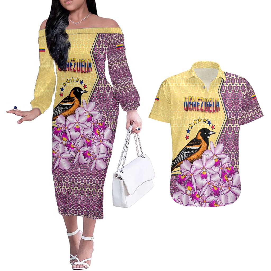 Venezuela Couples Matching Off The Shoulder Long Sleeve Dress and Hawaiian Shirt with National Bird Orchid Flower Coat of Arms Spirit