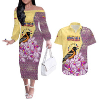 Venezuela Couples Matching Off The Shoulder Long Sleeve Dress and Hawaiian Shirt with National Bird Orchid Flower Coat of Arms Spirit