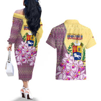 Venezuela Couples Matching Off The Shoulder Long Sleeve Dress and Hawaiian Shirt with National Bird Orchid Flower Coat of Arms Spirit