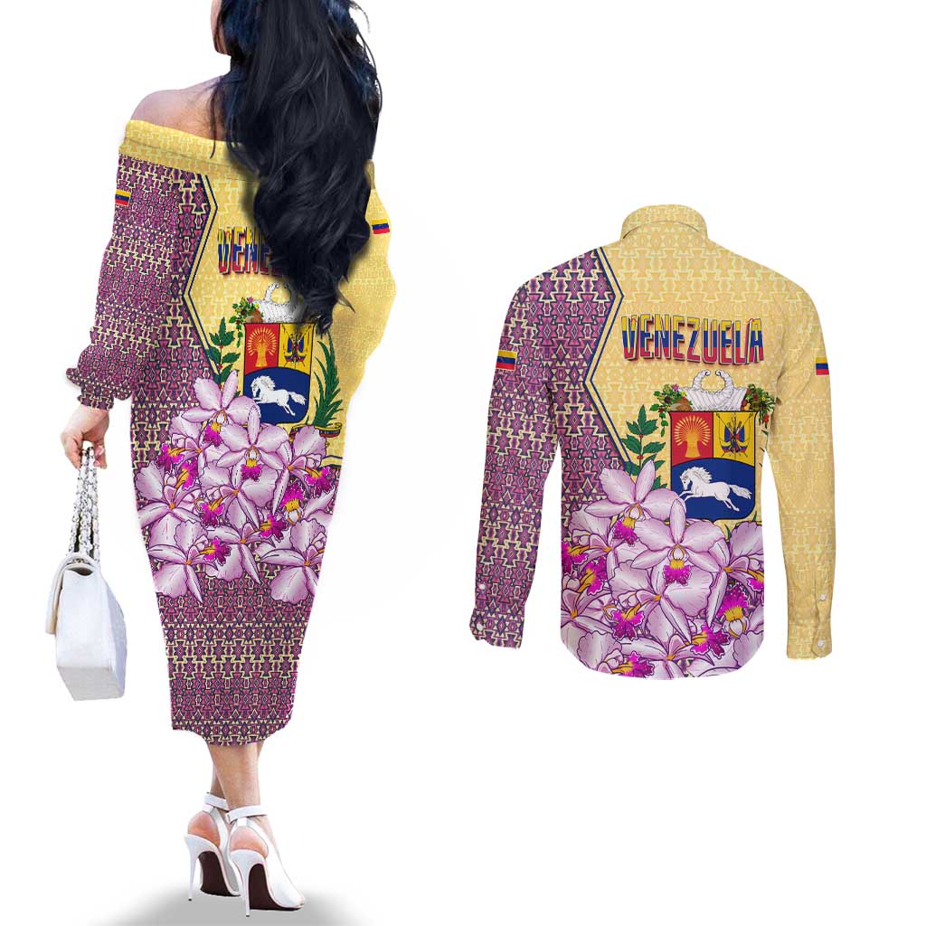 Venezuela Couples Matching Off The Shoulder Long Sleeve Dress and Long Sleeve Button Shirt with National Bird Orchid Flower Coat of Arms Spirit