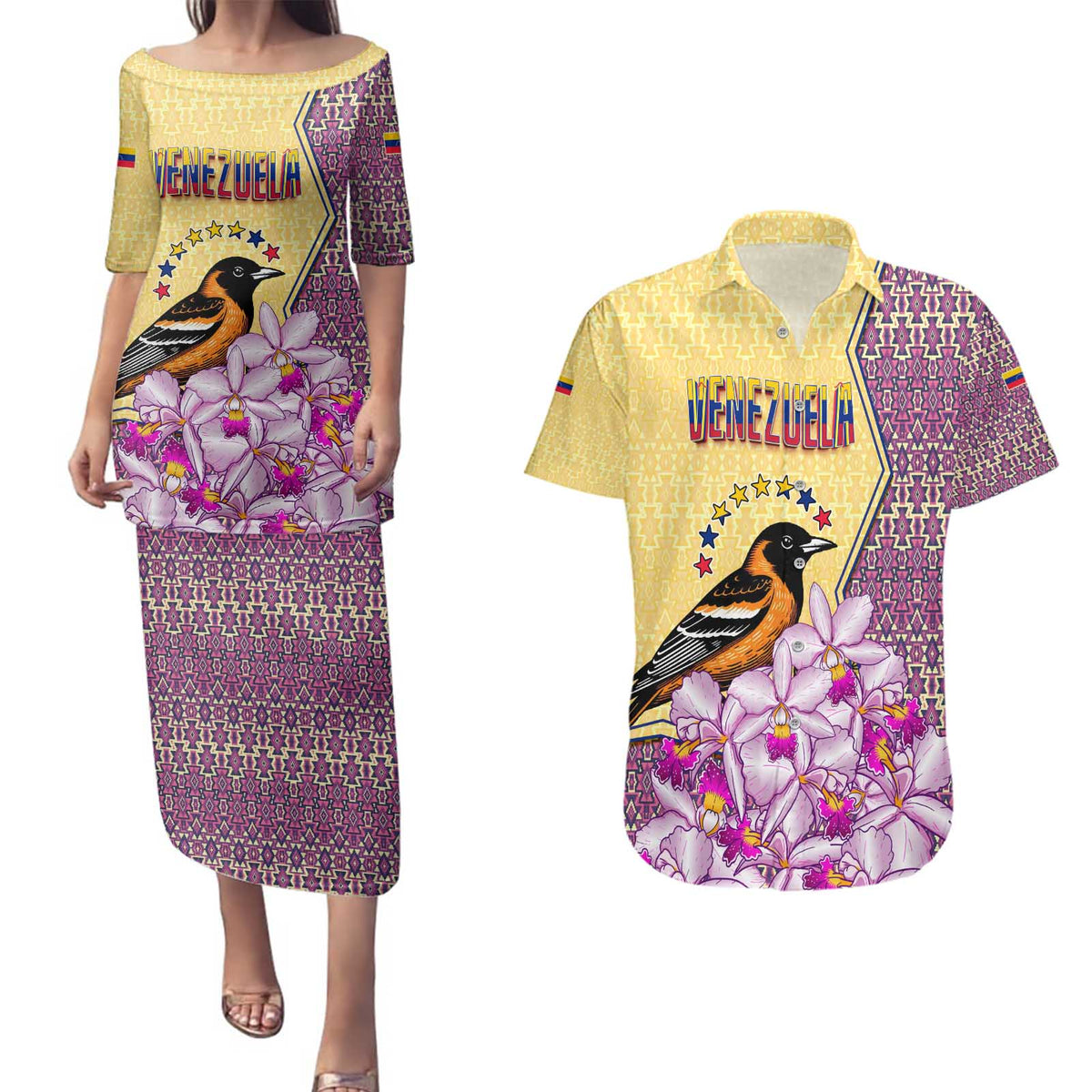 Venezuela Couples Matching Puletasi and Hawaiian Shirt with National Bird Orchid Flower Coat of Arms Spirit