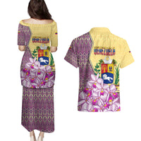 Venezuela Couples Matching Puletasi and Hawaiian Shirt with National Bird Orchid Flower Coat of Arms Spirit
