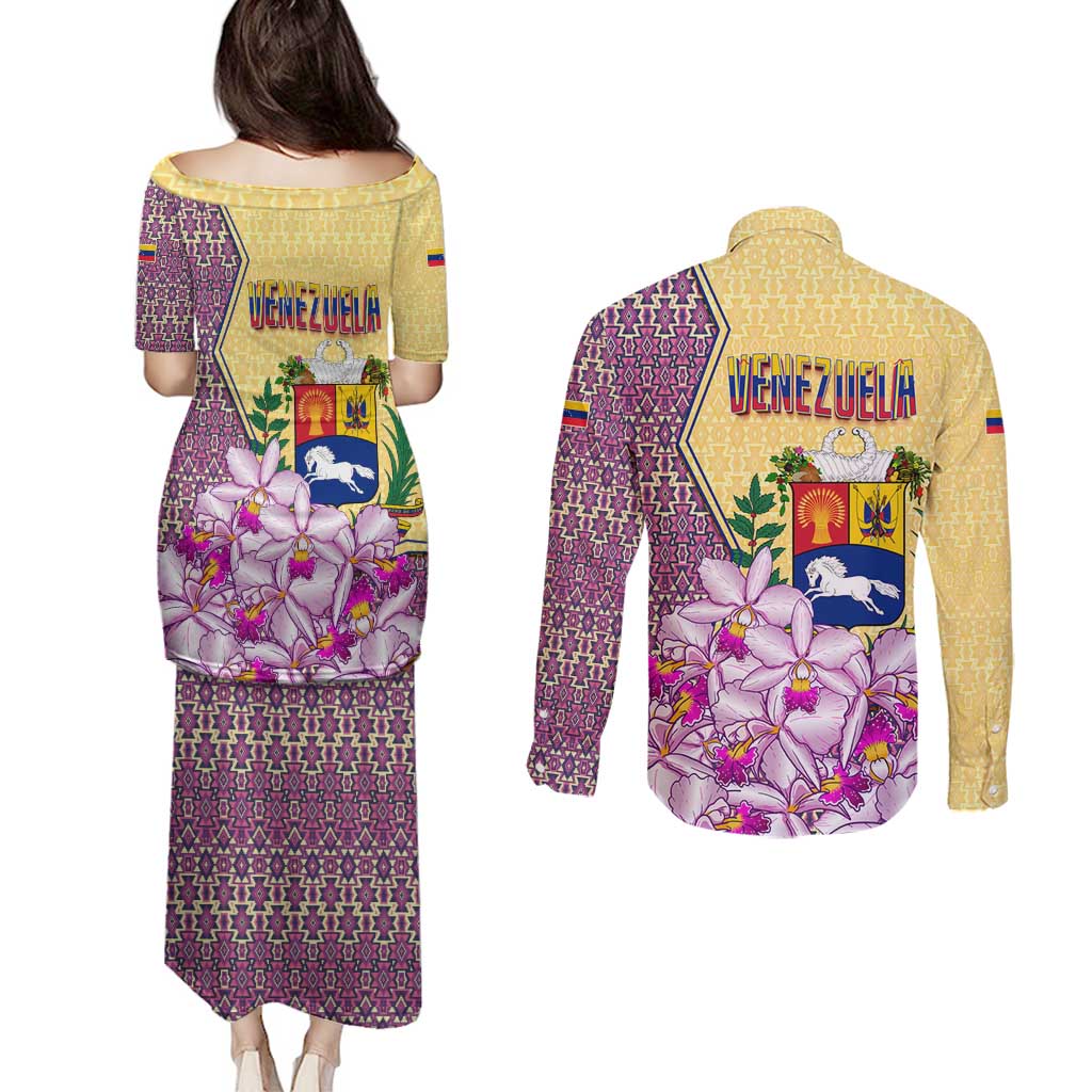 Venezuela Couples Matching Puletasi and Long Sleeve Button Shirt with National Bird Orchid Flower Coat of Arms Spirit