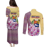 Venezuela Couples Matching Puletasi and Long Sleeve Button Shirt with National Bird Orchid Flower Coat of Arms Spirit