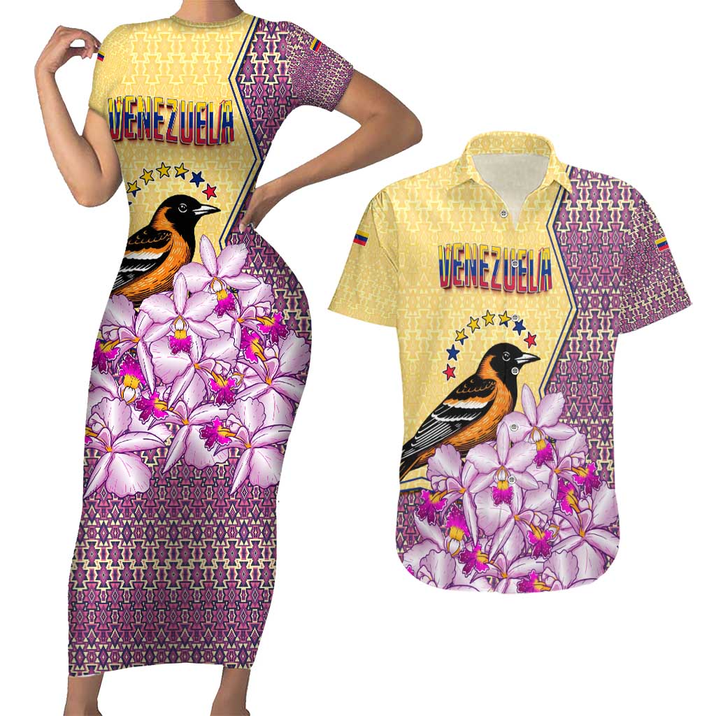 Venezuela Couples Matching Short Sleeve Bodycon Dress and Hawaiian Shirt with National Bird Orchid Flower Coat of Arms Spirit