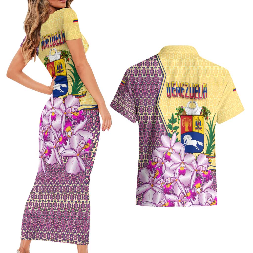 Venezuela Couples Matching Short Sleeve Bodycon Dress and Hawaiian Shirt with National Bird Orchid Flower Coat of Arms Spirit