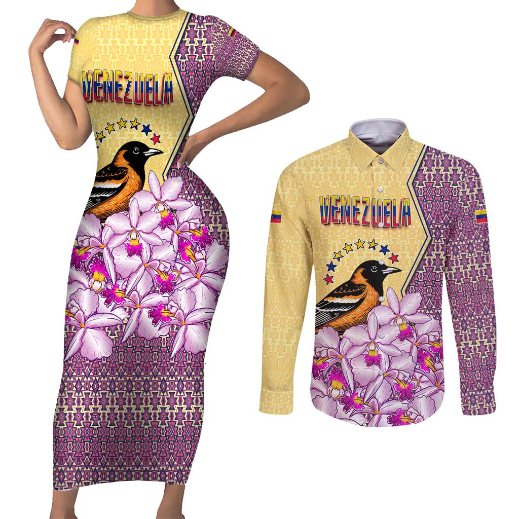 Venezuela Couples Matching Short Sleeve Bodycon Dress and Long Sleeve Button Shirt with National Bird Orchid Flower Coat of Arms Spirit