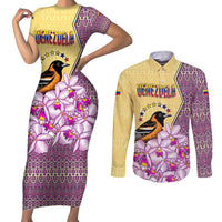 Venezuela Couples Matching Short Sleeve Bodycon Dress and Long Sleeve Button Shirt with National Bird Orchid Flower Coat of Arms Spirit