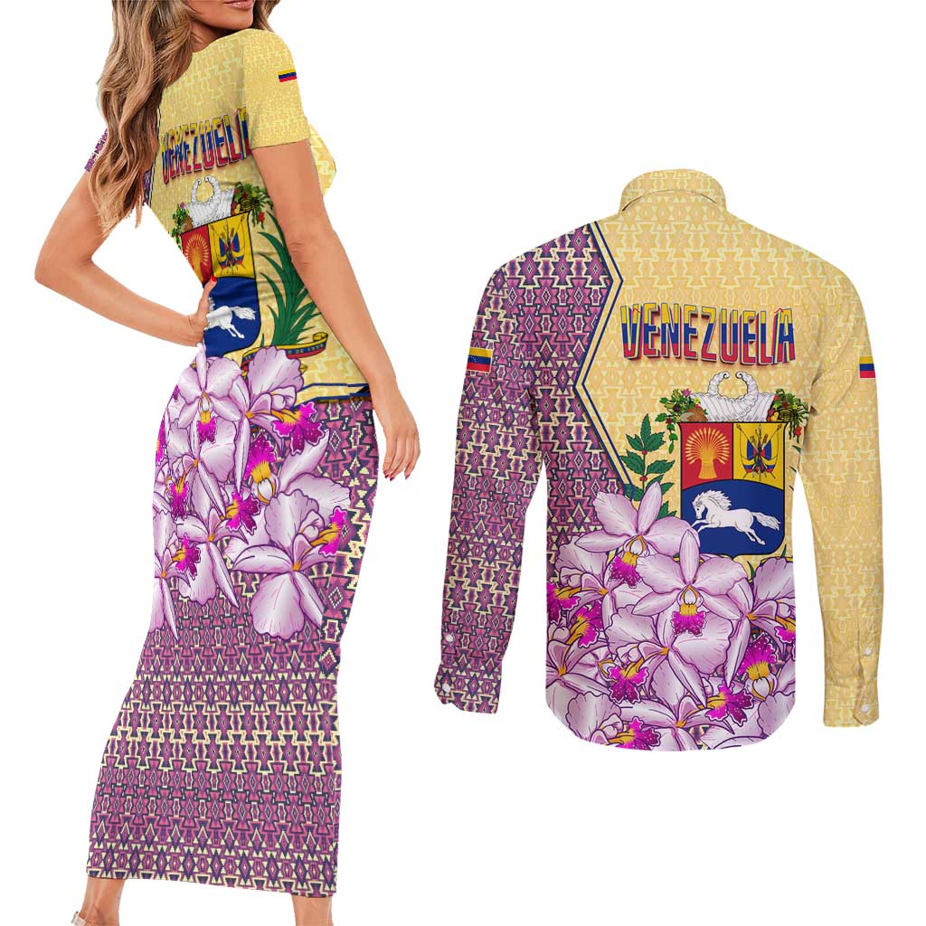 Venezuela Couples Matching Short Sleeve Bodycon Dress and Long Sleeve Button Shirt with National Bird Orchid Flower Coat of Arms Spirit