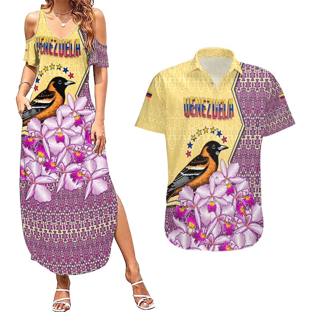 Venezuela Couples Matching Summer Maxi Dress and Hawaiian Shirt with National Bird Orchid Flower Coat of Arms Spirit