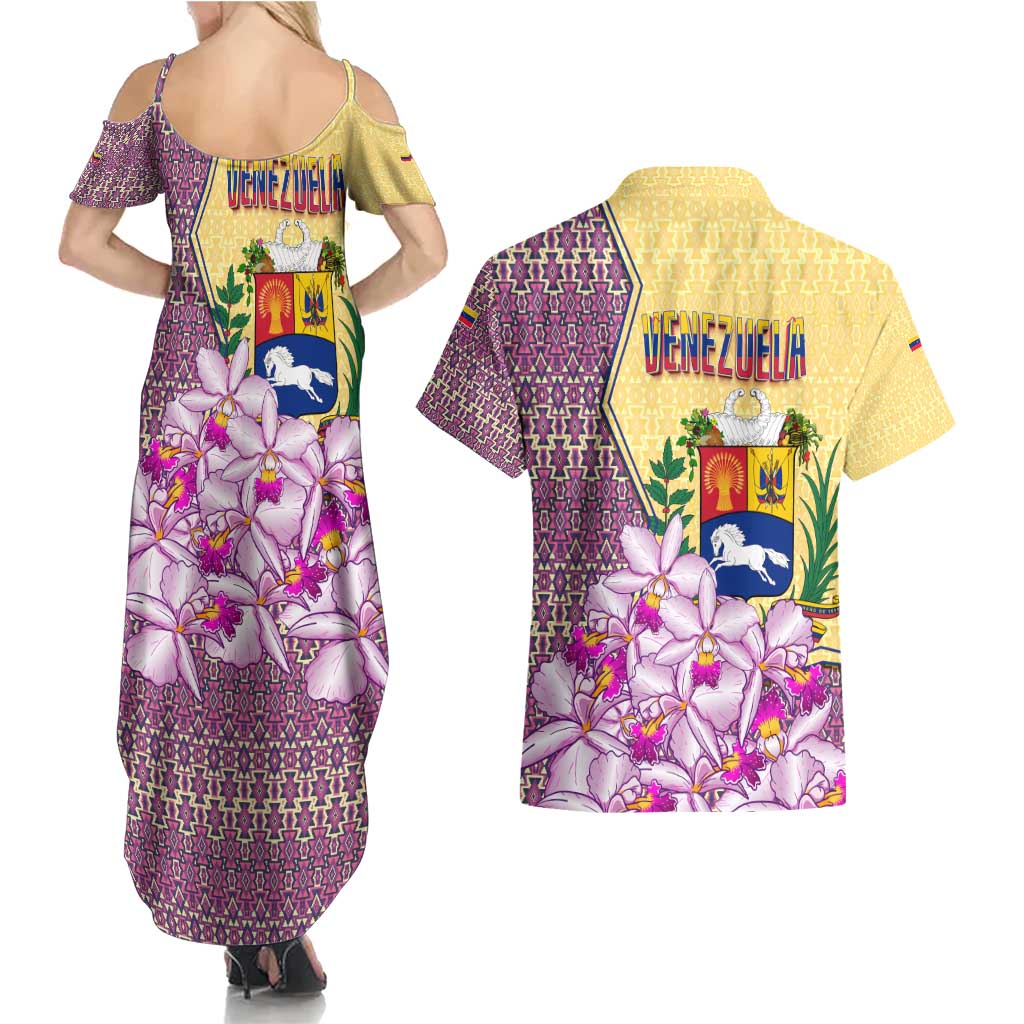 Venezuela Couples Matching Summer Maxi Dress and Hawaiian Shirt with National Bird Orchid Flower Coat of Arms Spirit