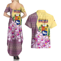 Venezuela Couples Matching Summer Maxi Dress and Hawaiian Shirt with National Bird Orchid Flower Coat of Arms Spirit