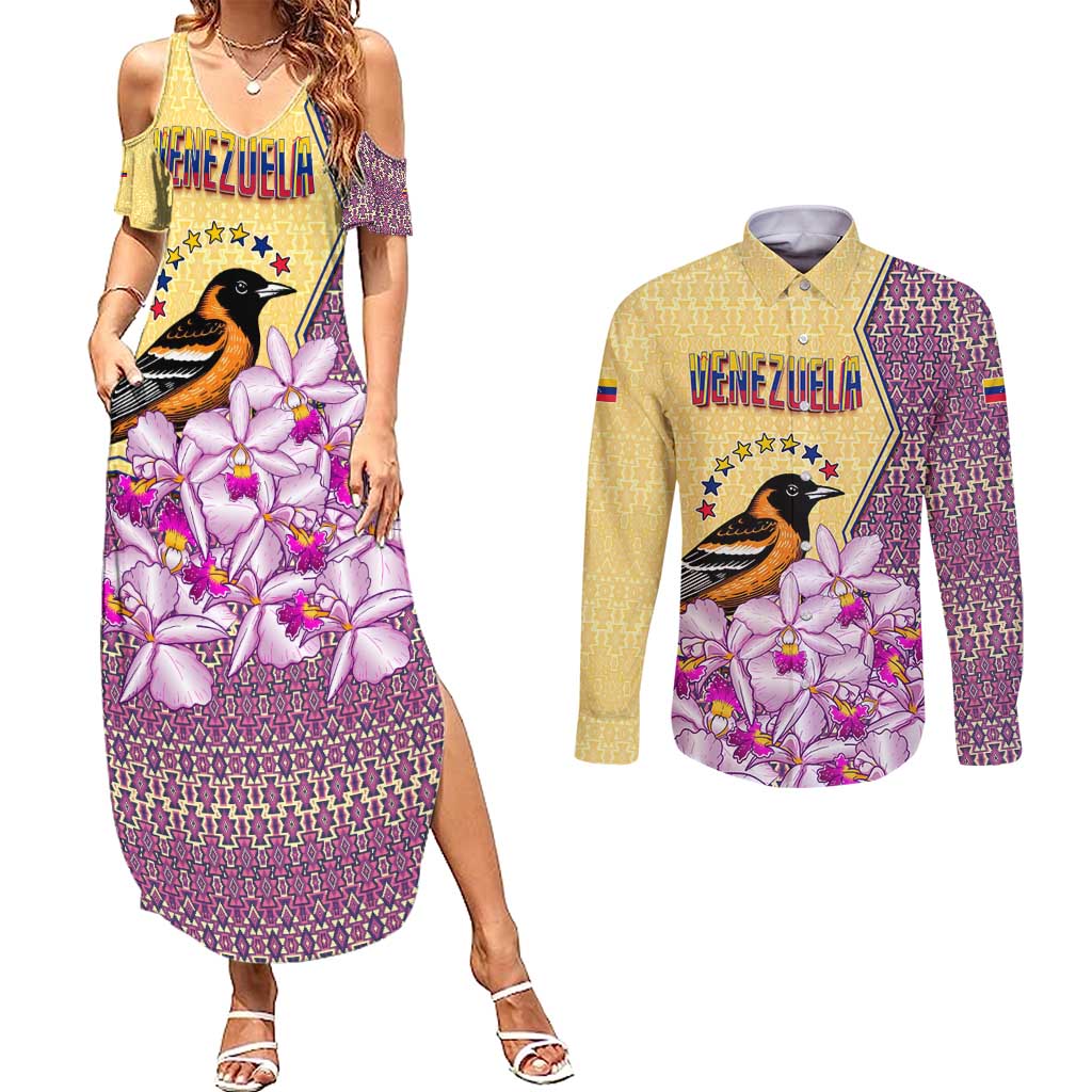 Venezuela Couples Matching Summer Maxi Dress and Long Sleeve Button Shirt with National Bird Orchid Flower Coat of Arms Spirit
