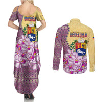 Venezuela Couples Matching Summer Maxi Dress and Long Sleeve Button Shirt with National Bird Orchid Flower Coat of Arms Spirit