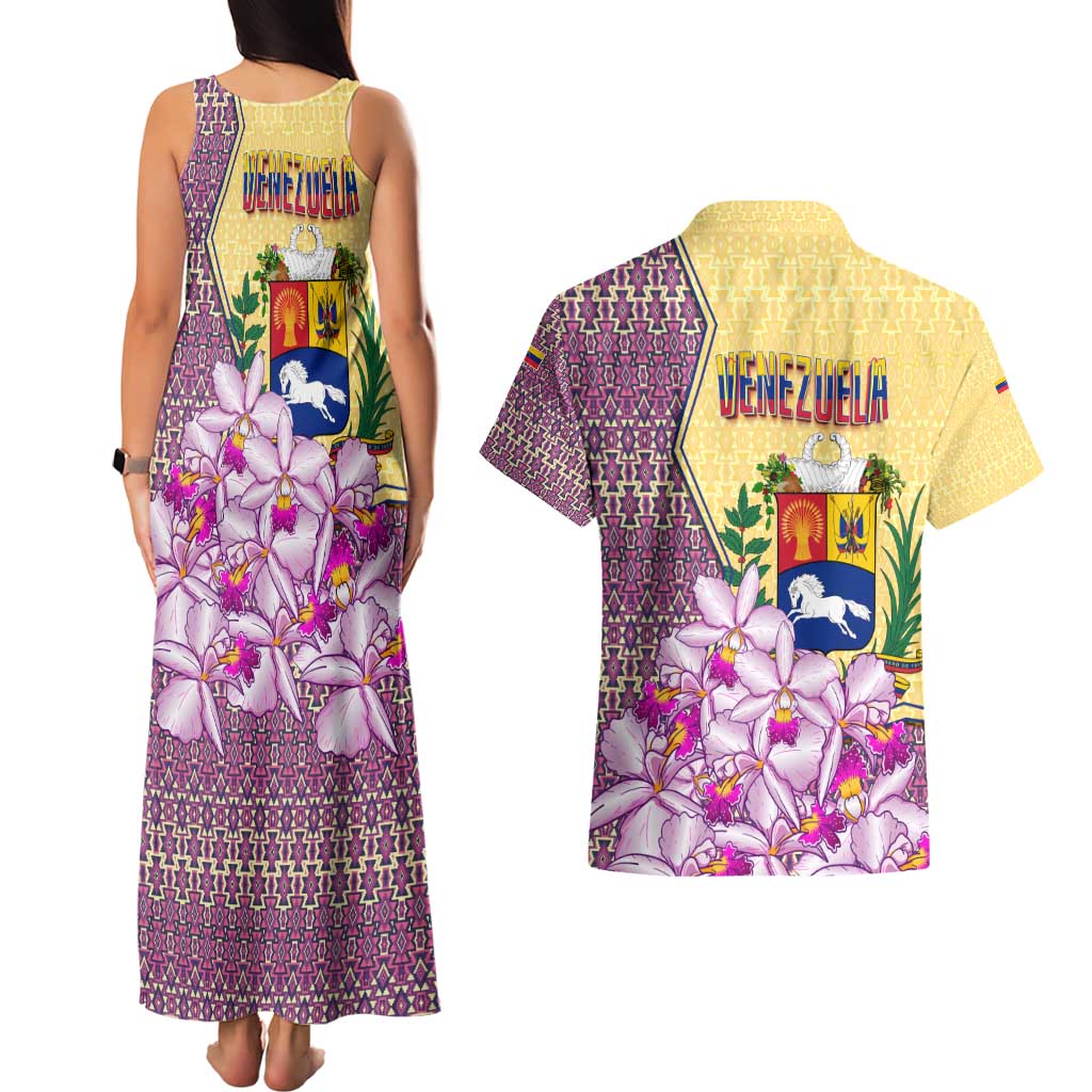 Venezuela Couples Matching Tank Maxi Dress and Hawaiian Shirt with National Bird Orchid Flower Coat of Arms Spirit