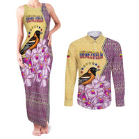 Venezuela Couples Matching Tank Maxi Dress and Long Sleeve Button Shirt with National Bird Orchid Flower Coat of Arms Spirit