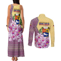Venezuela Couples Matching Tank Maxi Dress and Long Sleeve Button Shirt with National Bird Orchid Flower Coat of Arms Spirit