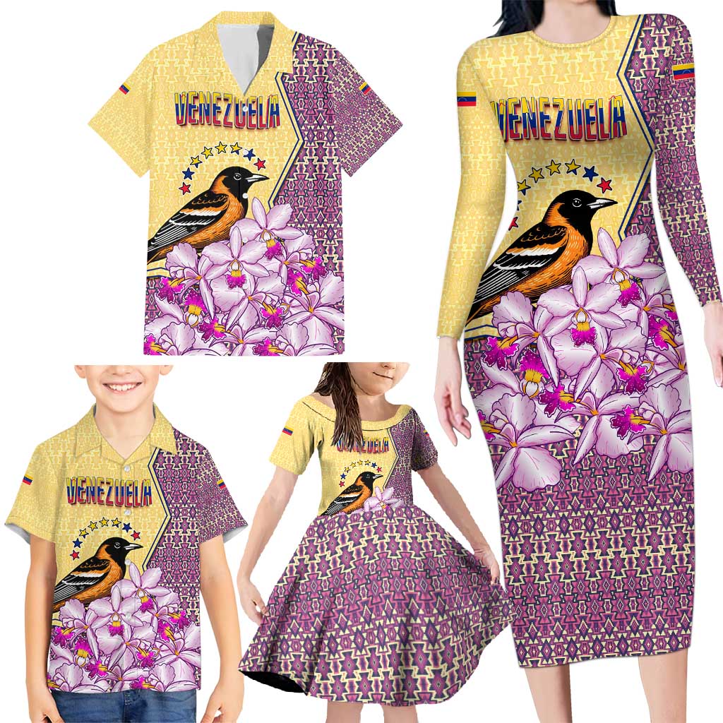 Venezuela Family Matching Long Sleeve Bodycon Dress and Hawaiian Shirt with National Bird Orchid Flower Coat of Arms Spirit