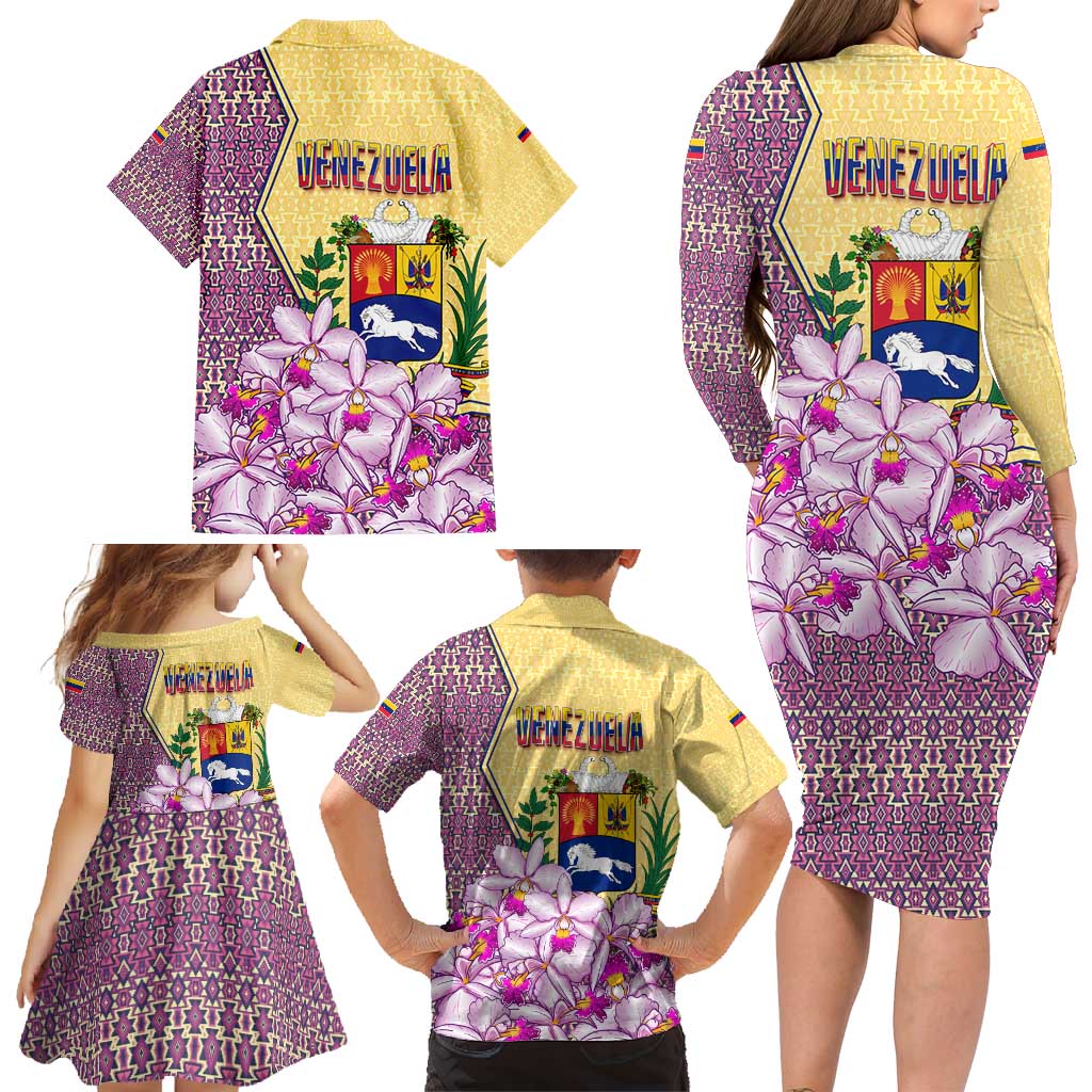 Venezuela Family Matching Long Sleeve Bodycon Dress and Hawaiian Shirt with National Bird Orchid Flower Coat of Arms Spirit