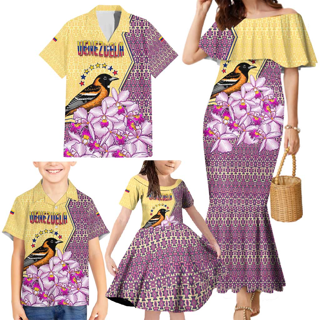 Venezuela Family Matching Mermaid Dress and Hawaiian Shirt with National Bird Orchid Flower Coat of Arms Spirit