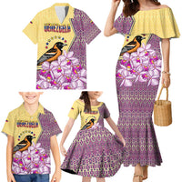 Venezuela Family Matching Mermaid Dress and Hawaiian Shirt with National Bird Orchid Flower Coat of Arms Spirit