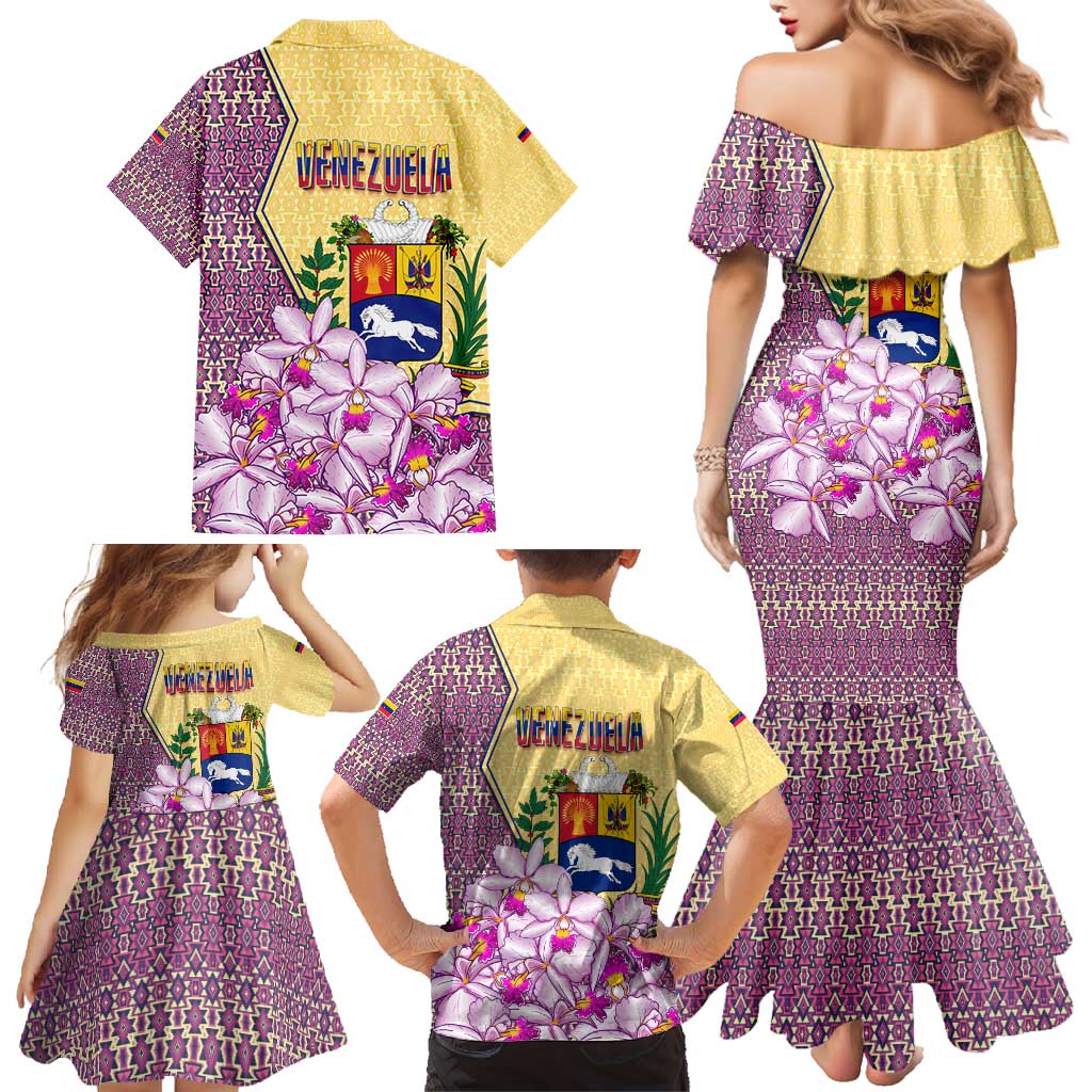 Venezuela Family Matching Mermaid Dress and Hawaiian Shirt with National Bird Orchid Flower Coat of Arms Spirit
