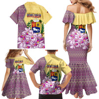 Venezuela Family Matching Mermaid Dress and Hawaiian Shirt with National Bird Orchid Flower Coat of Arms Spirit