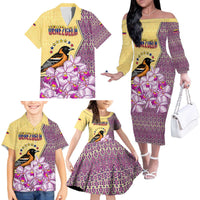Venezuela Family Matching Off The Shoulder Long Sleeve Dress and Hawaiian Shirt with National Bird Orchid Flower Coat of Arms Spirit