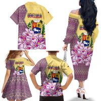 Venezuela Family Matching Off The Shoulder Long Sleeve Dress and Hawaiian Shirt with National Bird Orchid Flower Coat of Arms Spirit