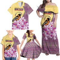 Venezuela Family Matching Off Shoulder Maxi Dress and Hawaiian Shirt with National Bird Orchid Flower Coat of Arms Spirit
